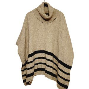 Tahari Wool Yak Hair Poncho Cowl Neck Tan Black Side Slits Striped SZ XL